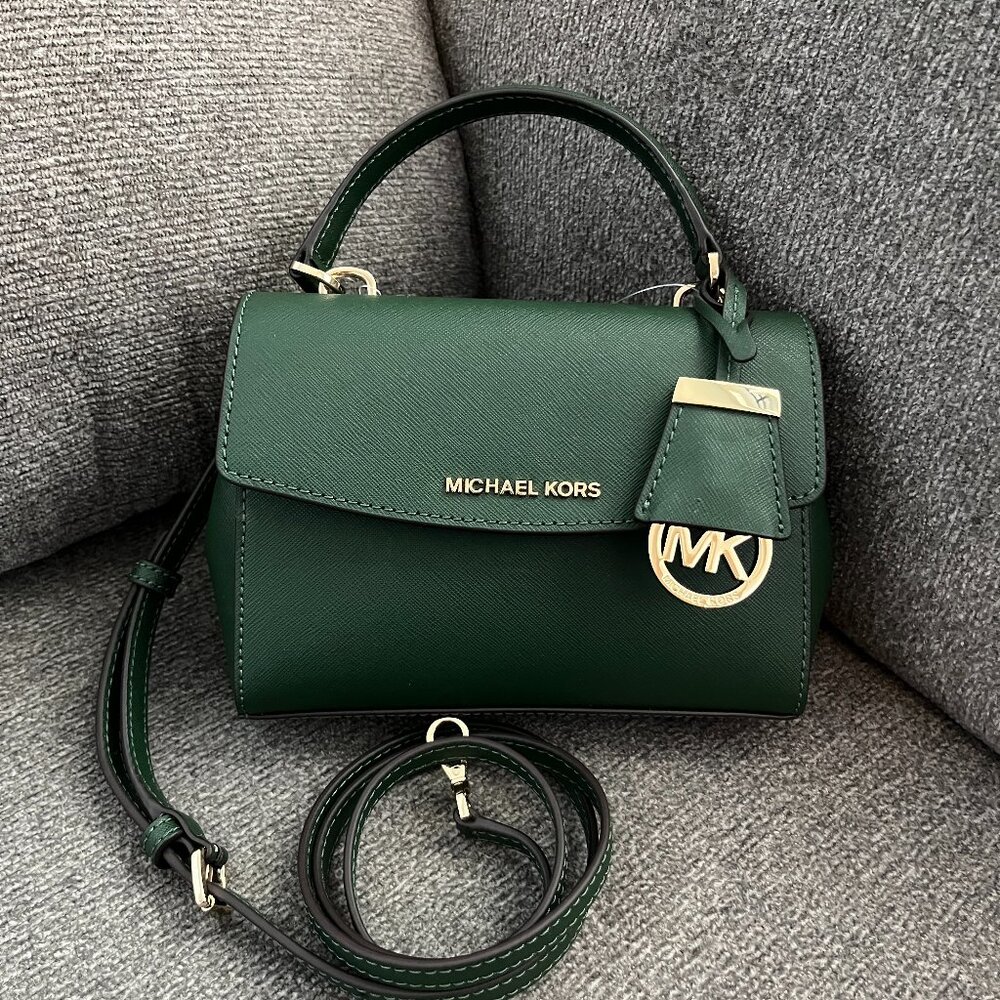 NWT Michael Kors Ava Extra-Small Saffiano Leather Crossbody Dark Green / Gold